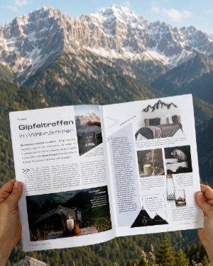 aufgeschlagenes Heft der Trend and Style mit dem Artikel Gipfeltreffen und im Hintergrund dahinter Berge