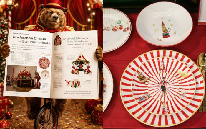 auf der einen Seite des Bildes sieht man die aufgeschlagene Zeitschrift mit dem Artikel, die ein Zirkusbär auf einem Einrad hält. Auf der anderen Seite des Bildes sieht man Porzellanteller mit weihnachtlichem Zirkusmotiven bedruckt.