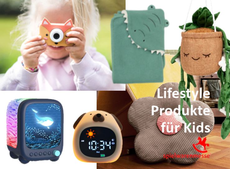 zu sehen sind Lifestyleprodukte für Kinder wie eine Decke, ein Kissen, ein Wecker, ein Fotoapparat